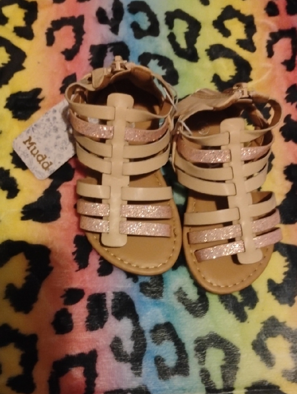Mudd Girls Tan Sandals with Pink Rose Gold Glitter Straps